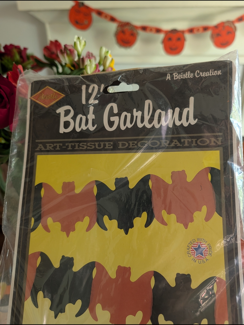 Vtg 1989 Beistle 12' Bat Garland " Art Tissue " Halloween Decoration